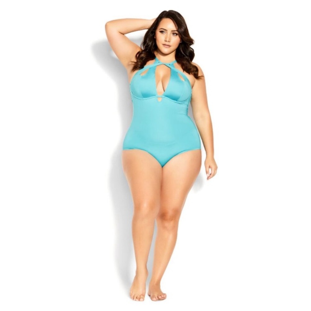Plus Size Keyhole Halter One-Piece Swimsuit - Aqua